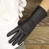 Deri eldivenler% 100 koyun derisi orta uzunlukta renkli kadife astar soğuk ve sıcak kış için kadın kol kolları 28 cm uzunluğunda sürüş