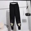 Tweede stuk broek voor dames herfst mode pailletten bloemen gebreide trainingspakken set vrouwen losse casual zwart gebreide pullover trui potlood outfits