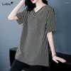 T-shirts pour femmes Long Tops Vêtements en V Lu-cou simplicité rayée plieurs droits T-shirts surdimensionnés surdimension