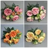 Dekorativa blommor Silk Konstgjorda fyra säsonger Peonies Bouquet Green Plant El Decor Imitation Flower Blush Peony Wedding Decoration