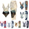 1 Set Women Monokini Printed Strap Backless Vintage Retro Pool med Polyester Lady Beach med lång klänning Surf Clothi 240327