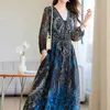 Casual Dresses Fashion Designer Elegant Beading Long Dress Women Summer Vintage Peacock Print Lantern Three Quarter A-line Party Vestidos