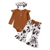 Kläder sätter spädbarn baby flickor kläder faller vinter jumpsuit byxa ribbad ärm bodysuit leopard/ko flare byxor 0 till 12 månader