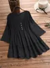 Casual Dresses 2024 Summer Jacquard Pleated Spets Hollowed Out V-Neck Shirt for Women