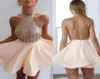 2019 Cheap Peach Halter Neck Homecoming Graduateion Dresses Blingbling Sequins Bodice Backless Chiffon Aline Short Prom Cocktail 1762062