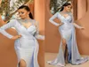 Light Blue Evening Dresses Satin Beaded High Split Long Sleeves Mermaid Prom Dress Custom Made Vestidos Formal Gowns6274417