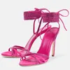 Dress Shoes Fuchsia Suede Crystal Embellished Ankle Wrap High Heel Sandals Peep Toe Thin Heels Tie Up Women Banquet Bride