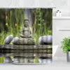 Dusch gardiner zen grön bambu Buddha vattenljus sten lotus växt trädgård landskap 3d heminredning tyg krokar badrum gardin