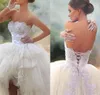 Vintage höga låga korta bröllopsklänningar klänningar sa mhamad stropplösa applikationspärlor snörning bakåt korsett vestido de novia brud gown1020408
