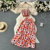 Holiday Floral Print Two Pices Suits Zipper Design Slim Top Top a Line Long Skirt Vintage Bohemian Beach Conjuntos 240320