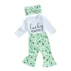 Kledingsets Pudcoco baby babymeisjes 3 stks broek witte lange mouwbrief afdrukken romper klaver wijd uitlopende hoofdband 0-18m