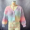 OMCHION SWETERS WOMEN INVIERNO AUCTURK REOLS RAINBOW GRADEIENTショートカーディガンVネック長袖セーターコートニットトップ240320