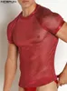 Incerun män t shirt glänsande nät lapptäcke se genom o-hals kort ärm tee topps fitness streetwear sexig camisetas s-5xl240402