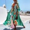 Women Gorgeous Boho Print Maxi Beach Dress Summer Deep V Slit Elastic Waist Party Dress Elegant Holiday Long Dress Vestidos 240322