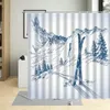 シャワーカーテン冬の雪の木の風景漫画カーテンケーブルカースキーフィールドハンギングポリエステル生地バスタブ装飾
