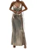 Casual Dresses Women Shinny Sleeveless Evening Dress Bandage Straps Draped V Neck Backless Ball Gown For Cocktail Wedding Party