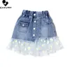 Zomer kinderen meisjes mode rokken gaas patchwork daisy knop denim rok met zakken meisjes kinderen casual kleding 240329