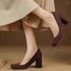 Klänningskor 2024 Summer Block Heels Goth Brown Apricot Square Toe Pumps Sexiga kvinnor äkta läder tjocka chunky damer