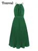 Lässige Kleider Tonval Neckholder Hals ärmellose Sommer lang für Frauen Grüne elastische Taille Urlaub Outfits Faltenkleid