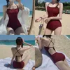 Women's Swimwear 2024 Open Back Sexy Conservative Cover Belly Slim Girl Korean Spring Beach One-Piece Swimsuit