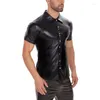 Men's T Shirts Men PU Leather T-shirt Turn-down Collar Button Short Sleeve Tee Sexy Chemise Latex Clubwear Tops Streetwear Plus Size 5XL