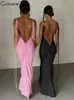 Casual Dresses Cute Women's Solid Maxi Dress Elegant Spaghetti Strap Backless Lace-Up Robe Skinny Retro Pleated Vestidos 2024