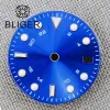 Kits Bliger 29mm Watch Dial Black White Blue Black Silver Edge Time Mark Green/Blue Luminous Dial Fit NH34 NH35 Movement Date Window