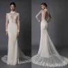 Dresses Berta Mermaid Long Sleeve Wedding Dresses Lace Applique High Neck Beads Hollow Back Sexy Illusion Fishtail 2020 Bridal Gowns