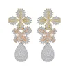 Boucles d'oreilles en peluche cwwzircons élégant 3 tons longs gouttes de feuille pour les femmes bricales de zircone cubique micro pave déclaration de mariée bijoux E0557