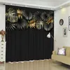 Shower Curtains Tropical Green Plant Bathroom Black Background Gold Palm Leaf Pattern Polyester Bath Curtain Home Decor