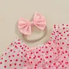 born Infant Baby Girls Valentines Day Romper Dress Heart Print Long Puff Sleeve Mesh Tulle Jumpsuit Bow Headband 240325