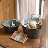 Dekorativa figurer Vintage Metal Round Bucket Planter med dubbla handtag Rustik Iron Flower Pot Tray för förvaring och bondgårdsdekor