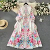 Lässige Kleider elegante Rosenblumenurlaubsrobe Frauen Frühlingssommer -Sommerständer langer Laternenhülle Schleiben Vestidos florale Druckkleidung