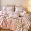 Ensembles de literie Style de princesse française rose 1000tc Ensemble de mariage en coton égyptien en dentelle plissée de couvre-couverture de couvre-lit à lit d'oreiller 4 / 5pcs