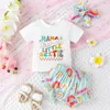 Ensembles de vêtements Tregren Baby Girls Shorts Baby Girls Set à manches courtes T-shirt Élastique lettres imprimées avec bande d'été à coiffure à bowknot