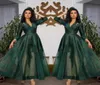 Dark Green V Neck Satin Evening Dresses Long Sleeves Tulle Lace Applique Ruched Ankle Length Prom Formal Wear Party Gowns2983055