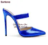 Klänningskor Surkova Royal Blue Snakesskin High Heel Moderna tofflor pekade tå rems slip-på sandaler kvinnor grunt stilett klackar pumpar