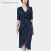 Party Dresses Fashion Women Summer Striped Chiffon Dress Mid-Length V-Neck Ruffles Office Ladies Wrapped Plus Size Vintage Elegant