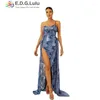 Casual Dresses EDGLuLu Sexy Strapless One Shoulder Birthday Luxury 2024 Elegant Backless Blue Sequin Long Evening Gown 0320