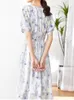 Party Dresses Vimly Blue Print Midi Beach Dress For Women 2024 Fashion Holiday French Elastic Waist Short Sleeve Flowy Elegant Summer