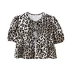 Chemises léopard à la mode pour femmes pour femmes 2024 Spring Loose Puff Sleeve Blouse femelle Elegant Lace Up Chic Cropped Top Ruffled 15 Couleurs