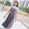 Party Dresses 2024 Summer Women's Clothing Korean Casual Fashion T Shirt Patchwork Plaid Draw String Packet Dress Lady Daily Loose Cozy