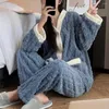 Women's Sleepwear Women Warm Loungewear Set Cozy Winter For Plush Thermal Pajamas With V-neck Long Sleeve Tops Wide Leg Pants