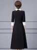 Lässige Kleider Zjyt Frauen Stickerei Spitze Patchwork schwarzes Midi Kleid Spring Elegante drei Viertelhülsenparty 2024 Mode Vestidos