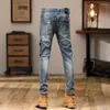 Jeans masculin High Street Fashion Men Retro Blue Stretch Skinny Fit Ripped Patted Designer Hip Hop Denim Pantalon Pantalon Hombre