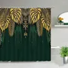 シャワーカーテントロピカルグリーンプラントバスルームブラックバックグールドゴールドパームパターンバスカーテン防水浴槽の家の装飾