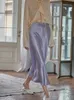 Dames aline rok hoge taille satijnen zijden lente lang kantoor dame Koreaanse mode solide paarse rokken voor vrouwen 2024 240323