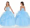 Dresses Baby Blue Bling Beading Crystal Girls Pageant Dresses 2022 Ruffles Ball Gowns Spaghetti Keyhole Back Mini Quinceanera Party Dresse