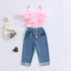 Girls Summer Clothing Outfit Sets Fashion Kid Children Pink Mouweless Feather Camisole denim broek met zakken 240326