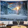 Tapestries Castle Ski Tapestry Sunrise Style Forest Natuurlijke sneeuwscène Wall Hangende thuiskamer Decor